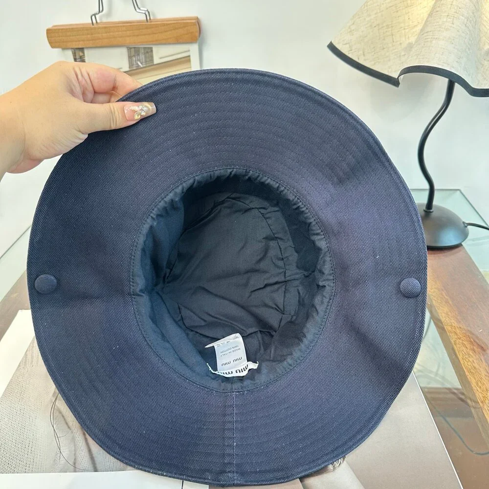 Miu Miu Navy Leather Strap Embroidered Wide Brim Bucket Hat